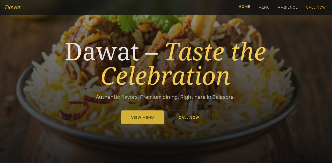 Dawat restaurant website with warm golden tones and premium dining aesthetic